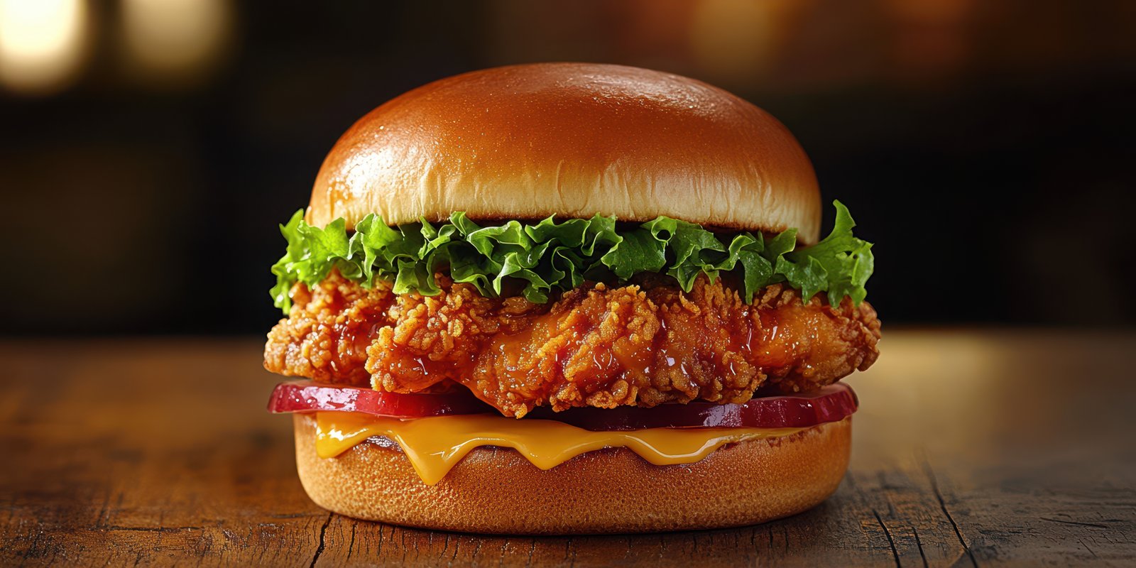 Crispy chicken sandwich with lettuce, tomato, and cheese on a wooden table